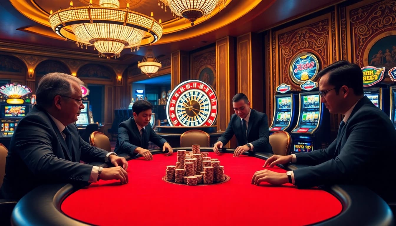 Action-packed poker game at nhà cái PS99 featuring elegant chips and a spinning roulette wheel.