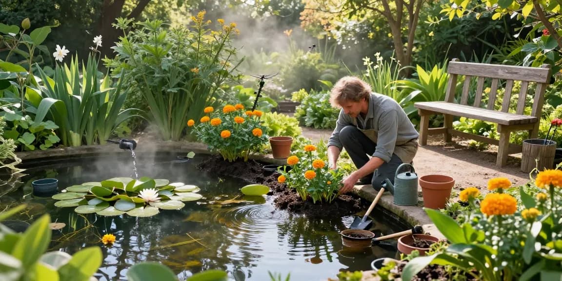 Gardener planting British pond plants like water lilies in a tranquil garden pond setting.