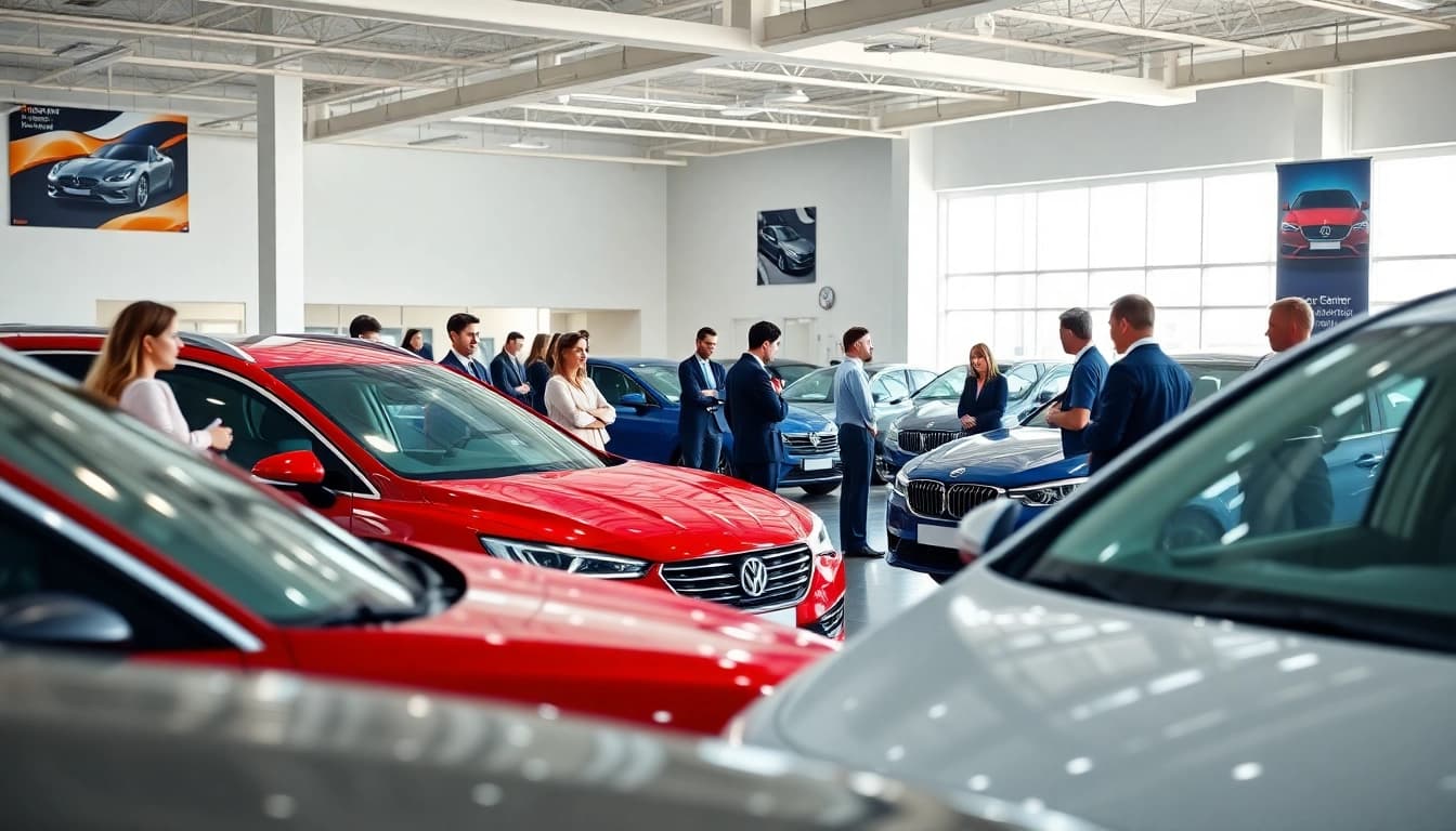 Buy a car at a vibrant dealership with customers discussing vehicles.