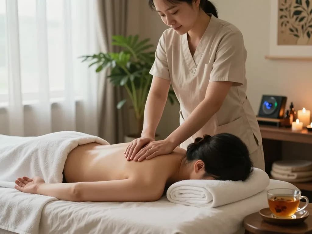 Experience a soothing 스웨디시 massage in a tranquil spa setting with calming aromas and soothing natural light.
