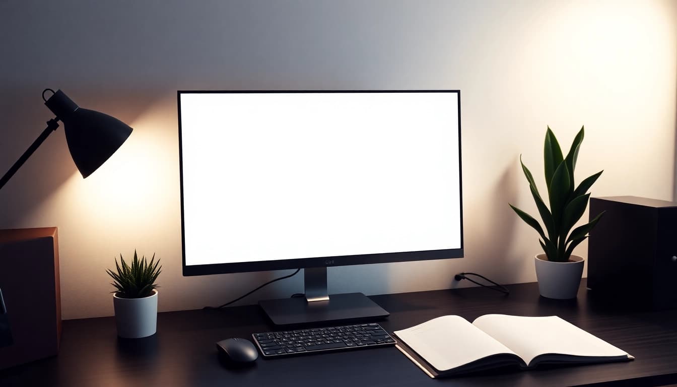 Experience a full black screen in a modern workspace to enhance focus and reduce distractions.