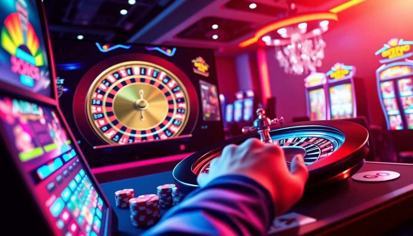 Engage in thrilling gtatogel betting with a vibrant casino atmosphere showcasing roulette and slot machines.