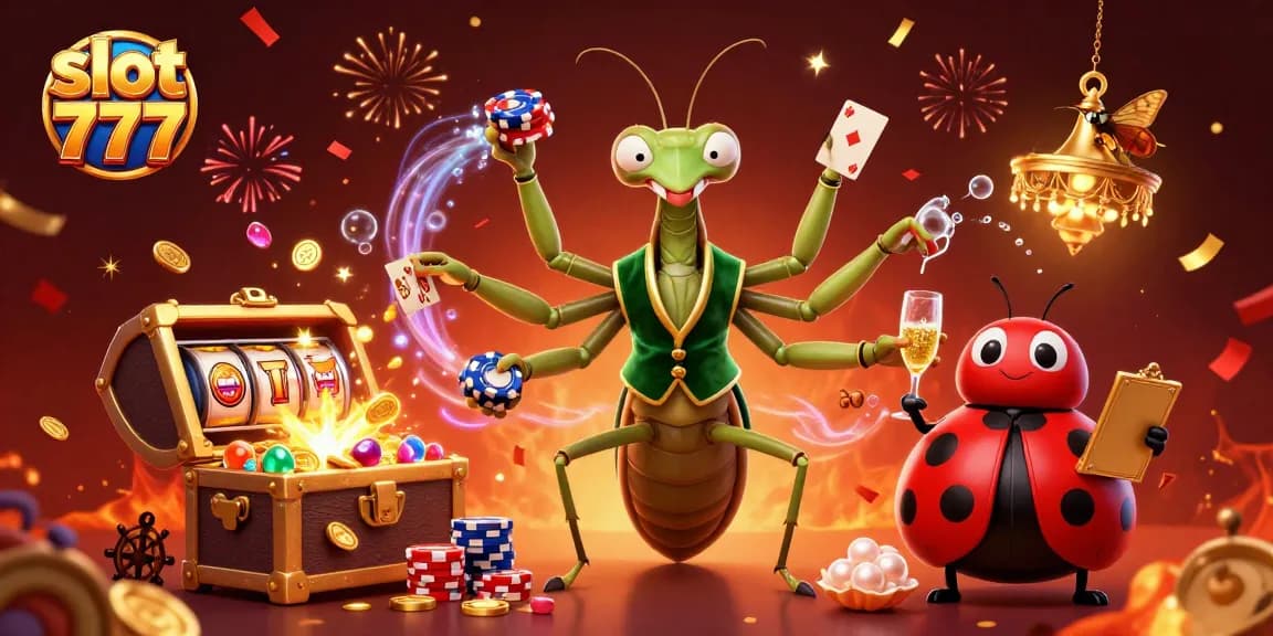 Slot 777, karakter utama raja kartu dan pengawas kasino dikelilingi oleh harta karun dan berbagai elemen permainan.