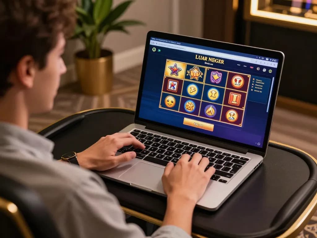Engaging gameplay on a slot server luar negeri with a player focused on the laptop and stylish decor.