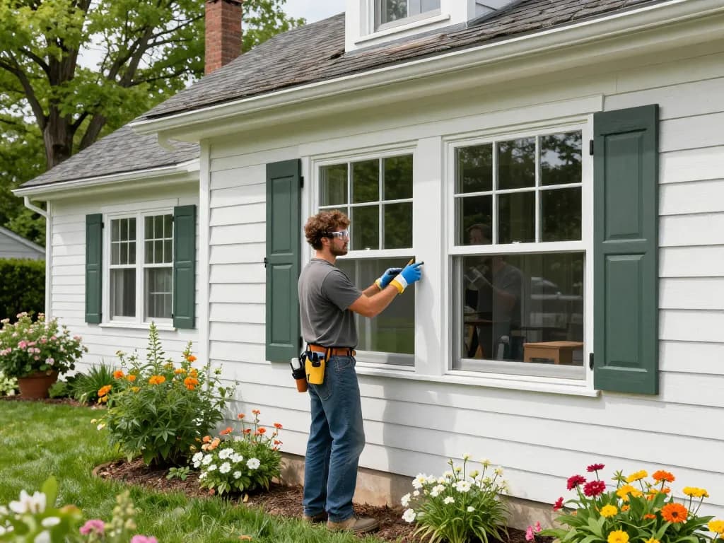 Expert performing window replacement services NH in a beautiful home setting
