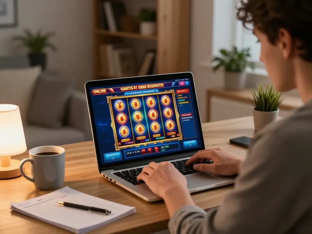 Engaging in casino online gratis senza registrazione on a laptop at a cozy home office, showcasing vibrant slots and a comfortable atmosphere.