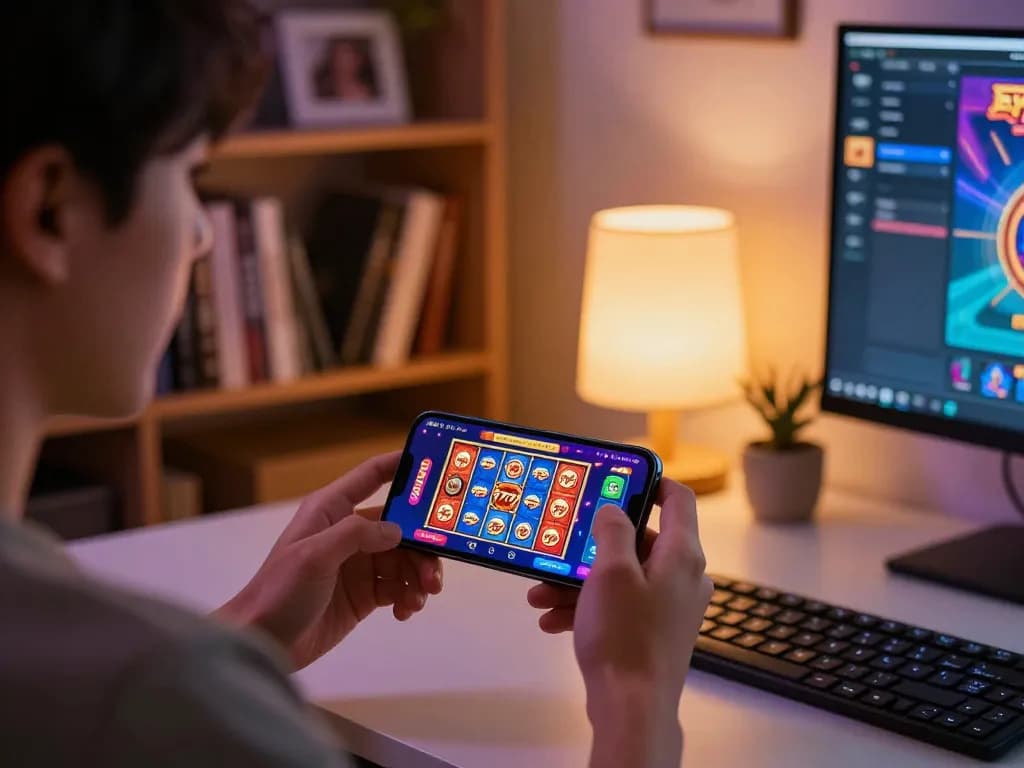 Engage with Apk Slot 777 mobile game on a cozy desk setup featuring vibrant graphics and betting options.