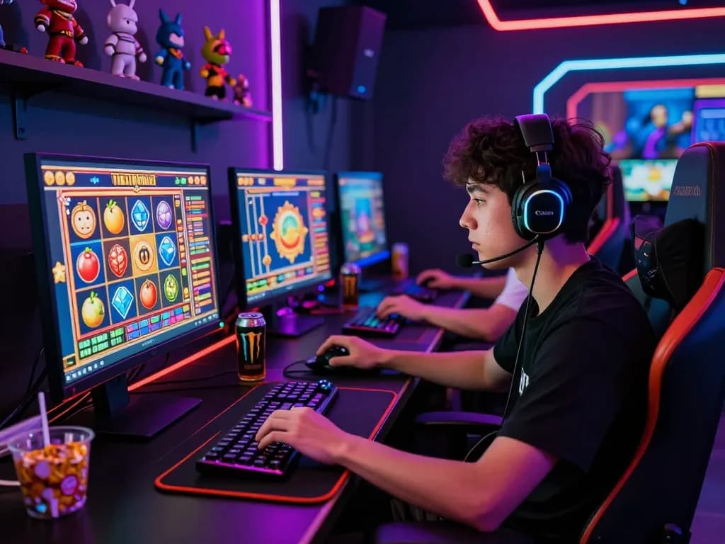 Gamer engaged in a lively online gaming session on situs gacor with vibrant graphics and engaging atmosphere.
