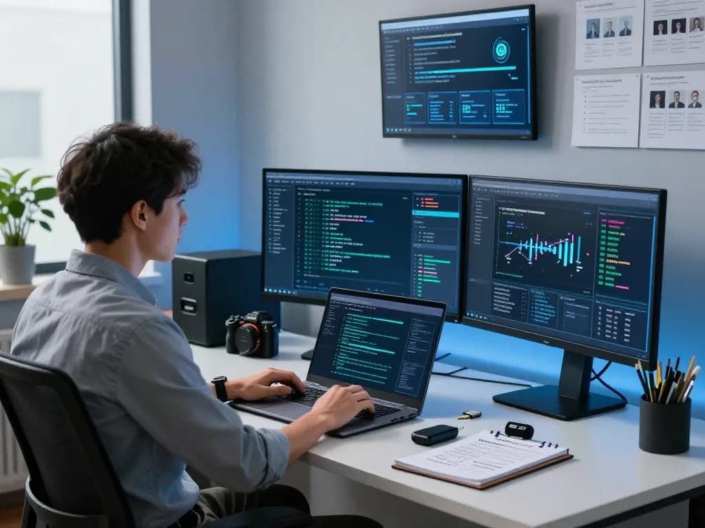 Cybersecurity analyst at workstation monitoring threats on https://shs-dome5.com/ displaying real-time data and security protocols.