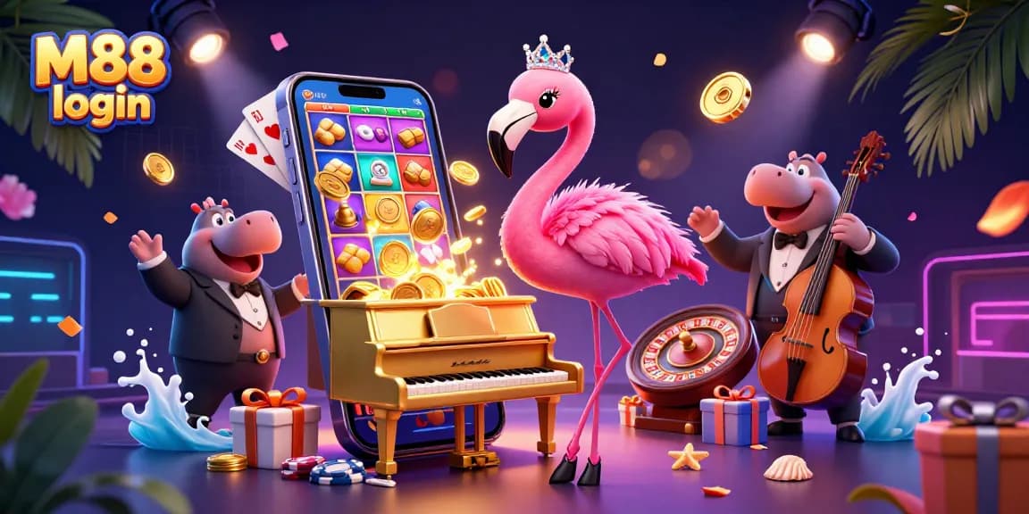 Players enjoy M88 login to access exciting games, featuring vibrant characters and dynamic casino elements.