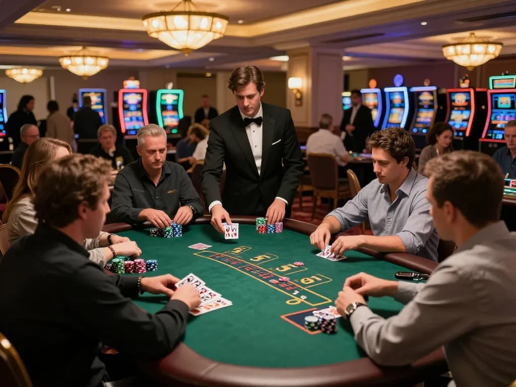 A dealer at a bustling blackjack table in a vibrant casino, showcasing winning strategies and excitement, server thailand context.