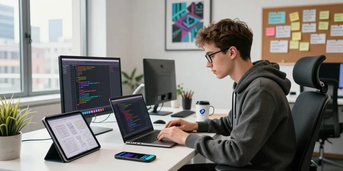Young developer coding in a creative workspace, demonstrating how to crush on tech innovation and startup culture.