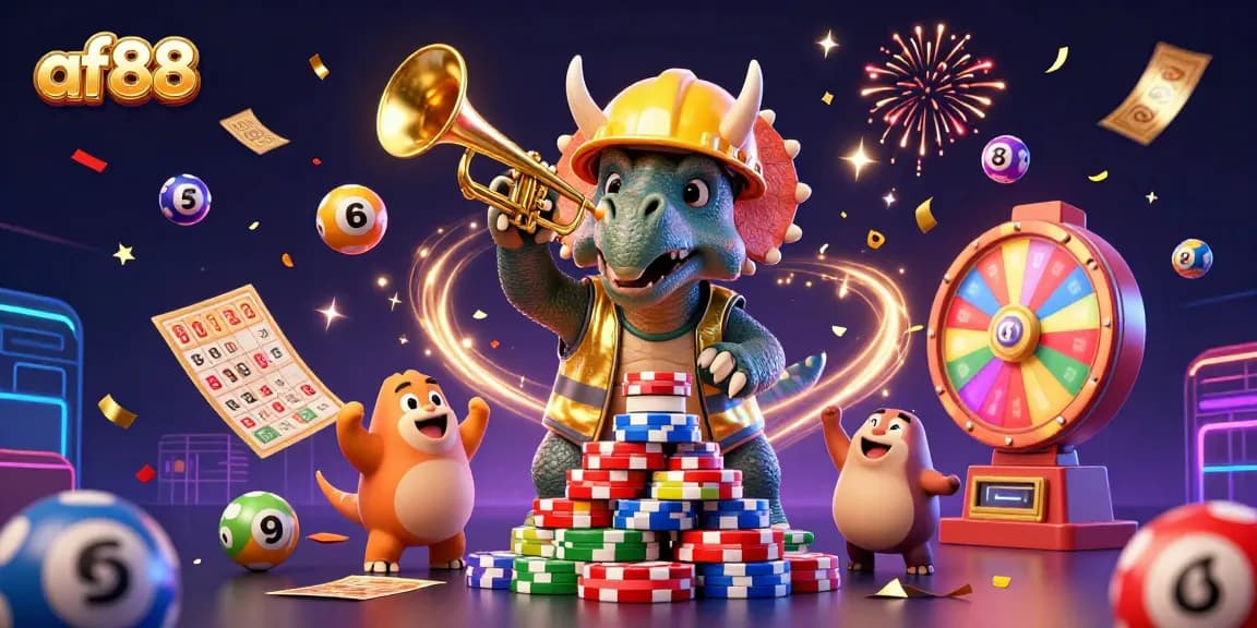 Join the excitement at af88 while celebrating wins with a vibrant casino scene featuring iconic gambling elements.