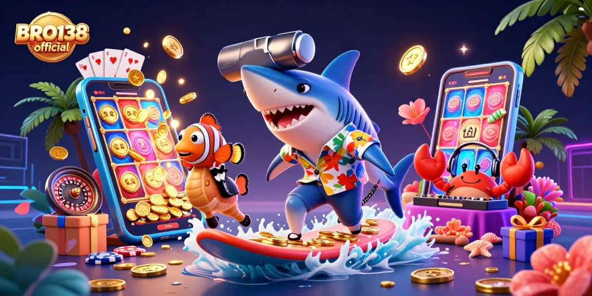 Play thrilling slots at BRO138 official with vibrant carnival-style underwater illustration.