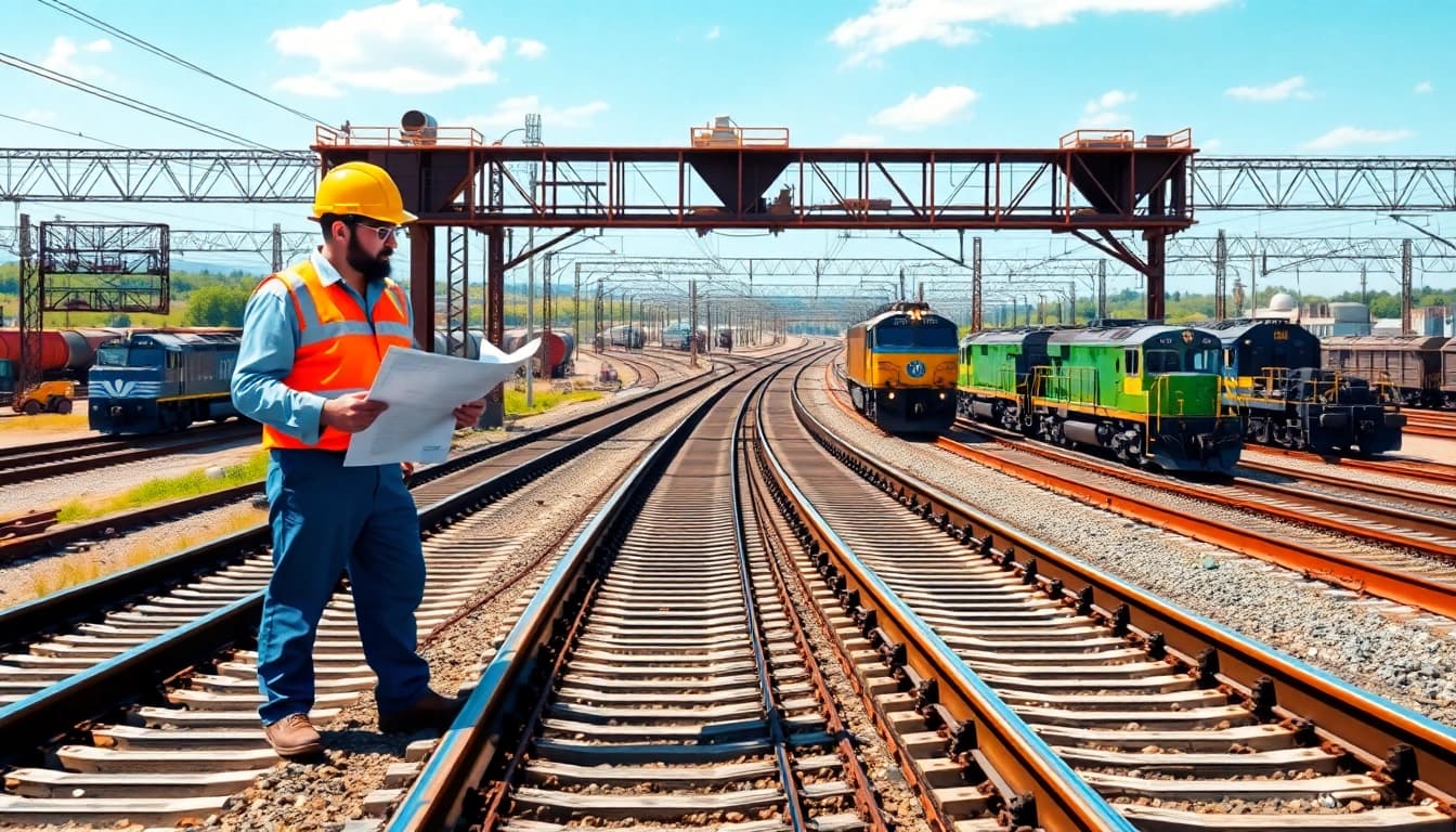 Engineers reviewing north american rail solutions designs highlighting efficient railway operations.