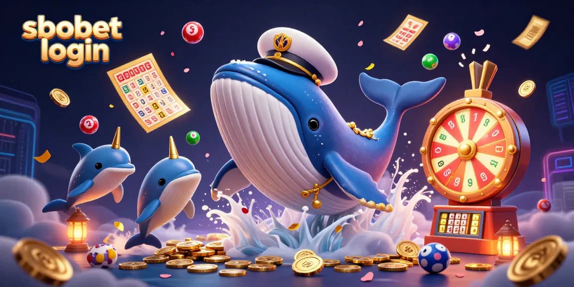 Experience sbobet login with a whimsical scene of a whale, narwhal, and dolphins in a vibrant casino illustration.