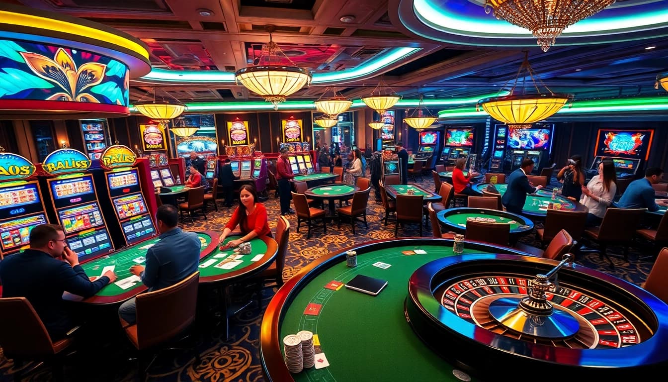 Experience the thrill of RR88 at a vibrant casino gaming floor, bustling with excitement and action.