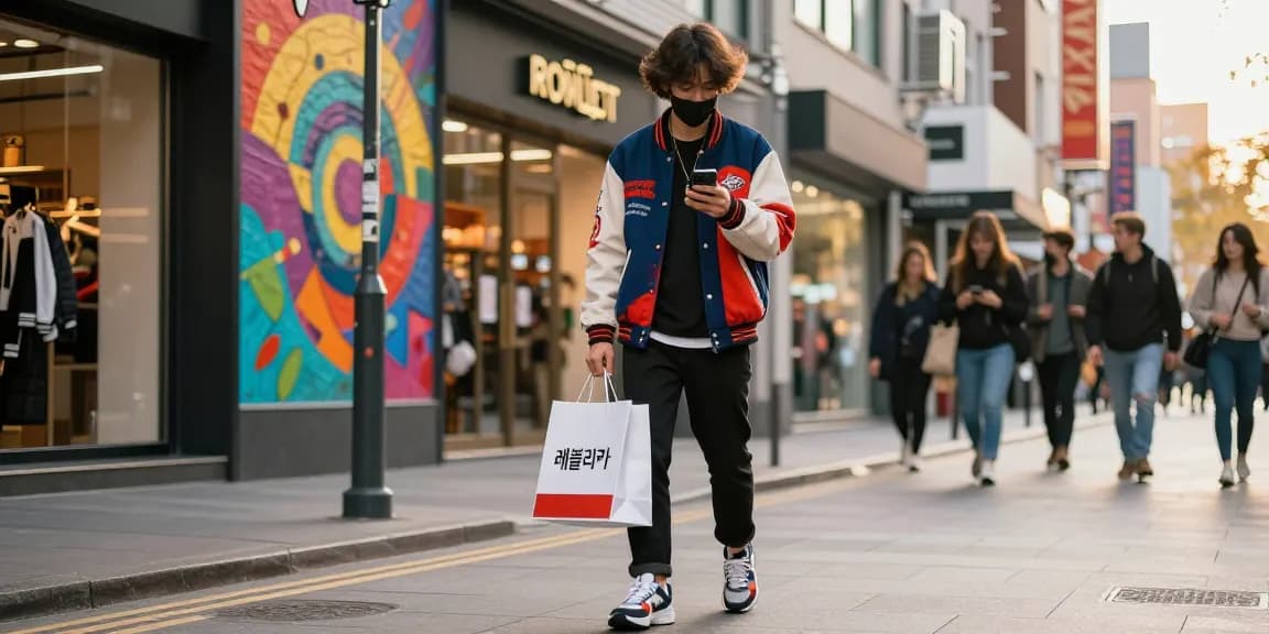 Chic young adult exploring a trendy 레플리카 쇼핑몰 in a vibrant city street.