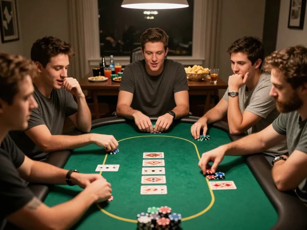 Friends enjoy an exciting poker night at home, highlighting the engaging game experience with SIGAPBET.