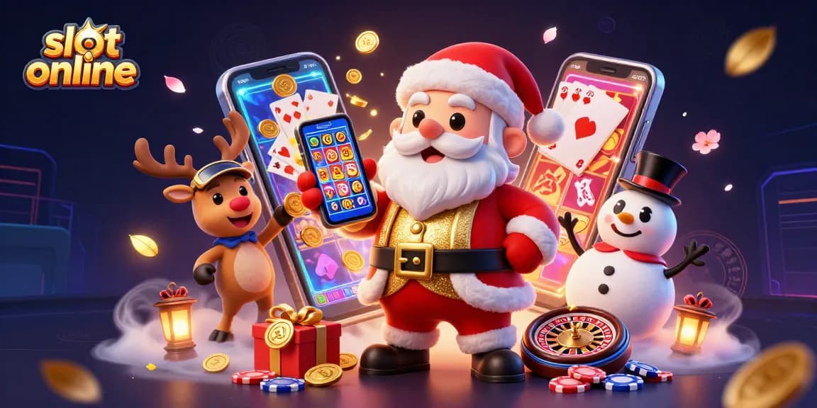 Menangkan slot online dengan Santa, rusa kutub, dan manusia salju dalam suasana kasino yang meriah.