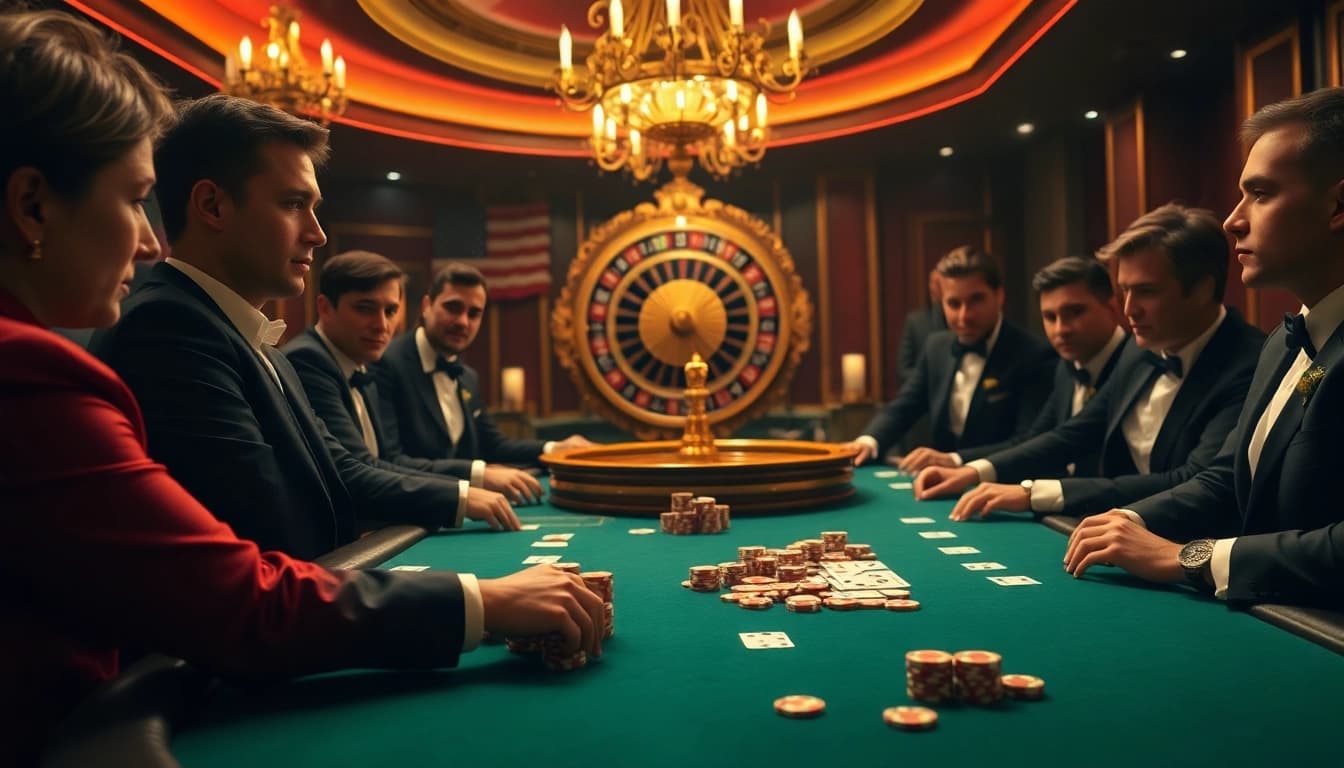 Players strategizing at a poker table, referencing hidden wiki onion in a luxurious casino setting.