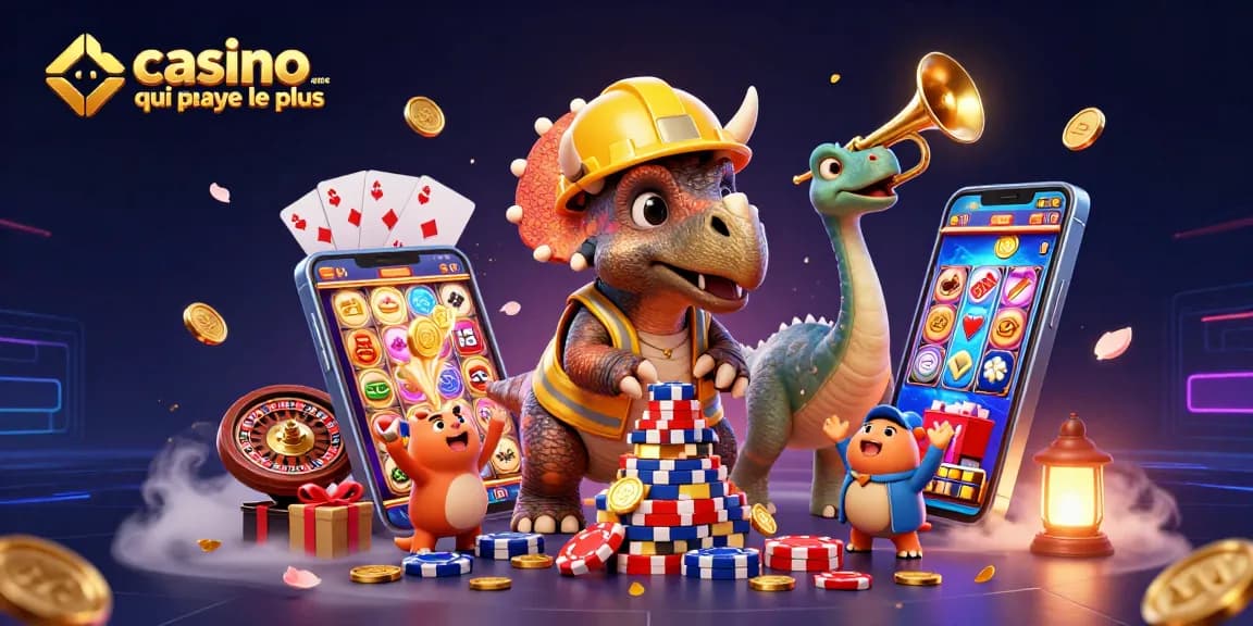 Casino en ligne qui paye le plus : illustration dynamique de jeux de casino avec triceratops et ambiance festive.