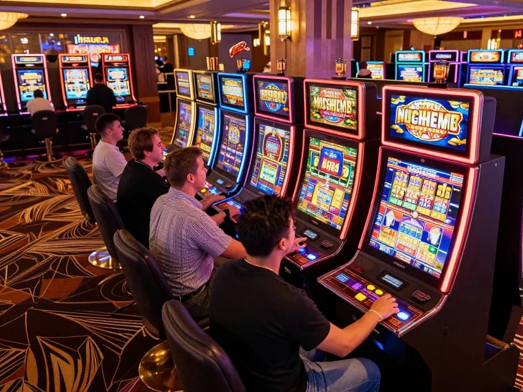 Players engaging with slot machines to activate exciting slot bonus features in a lively casino.