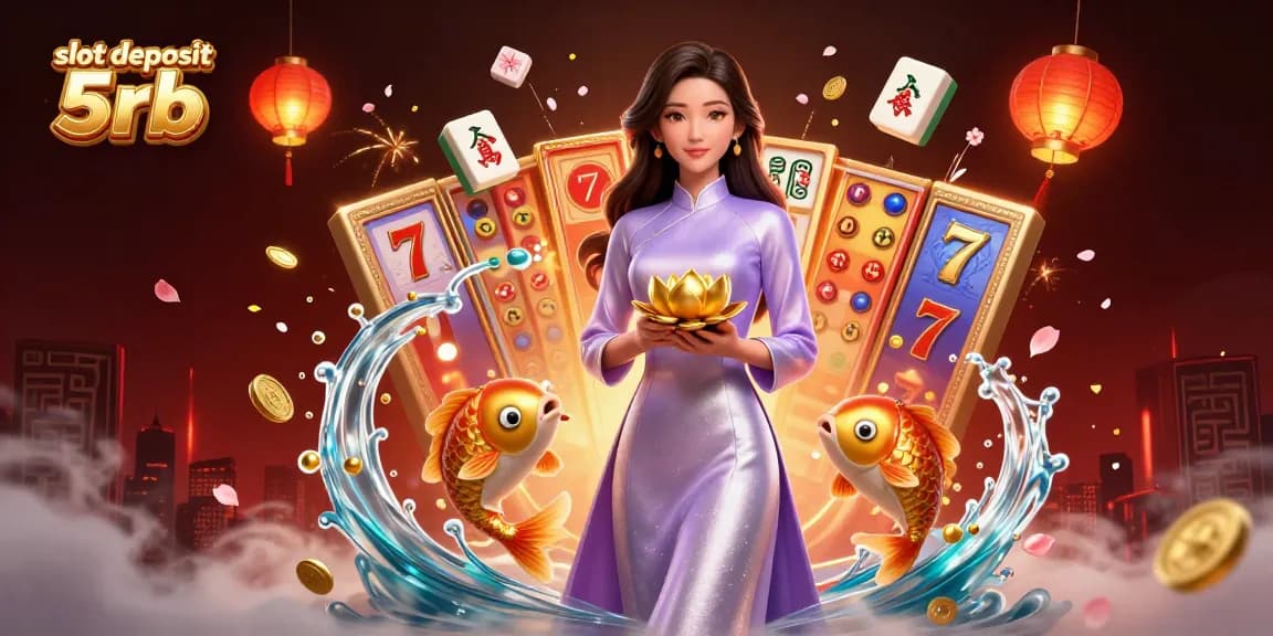 Experience excitement with slot deposit 5rb as a vibrant Asian woman plays amidst gold koi and animated slots.
