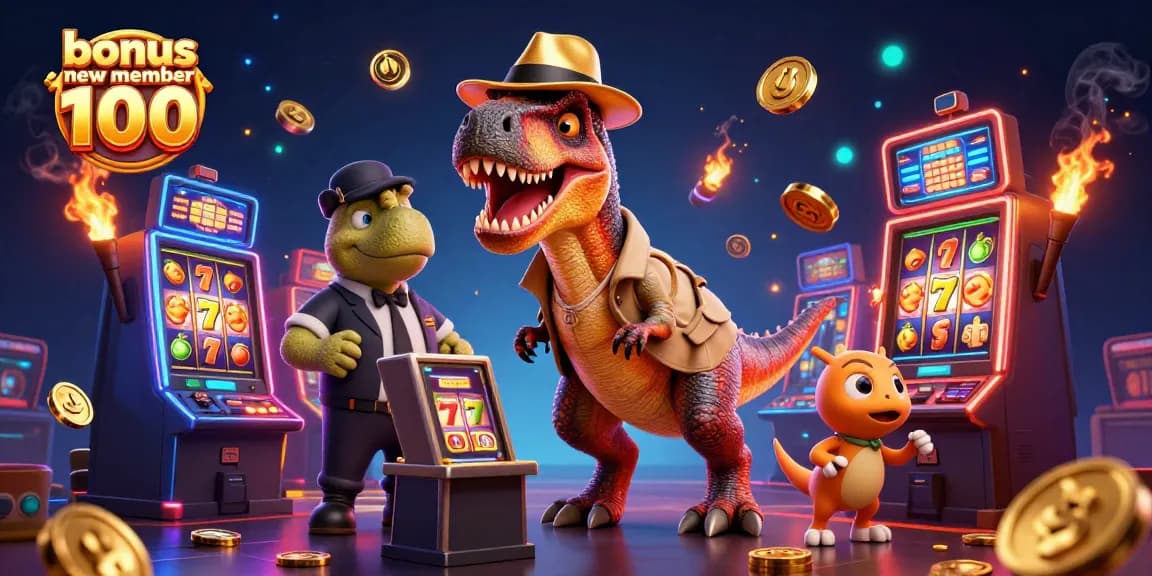 Win big with bonus new member 100 at the vibrant slot table in this captivating casino scene.