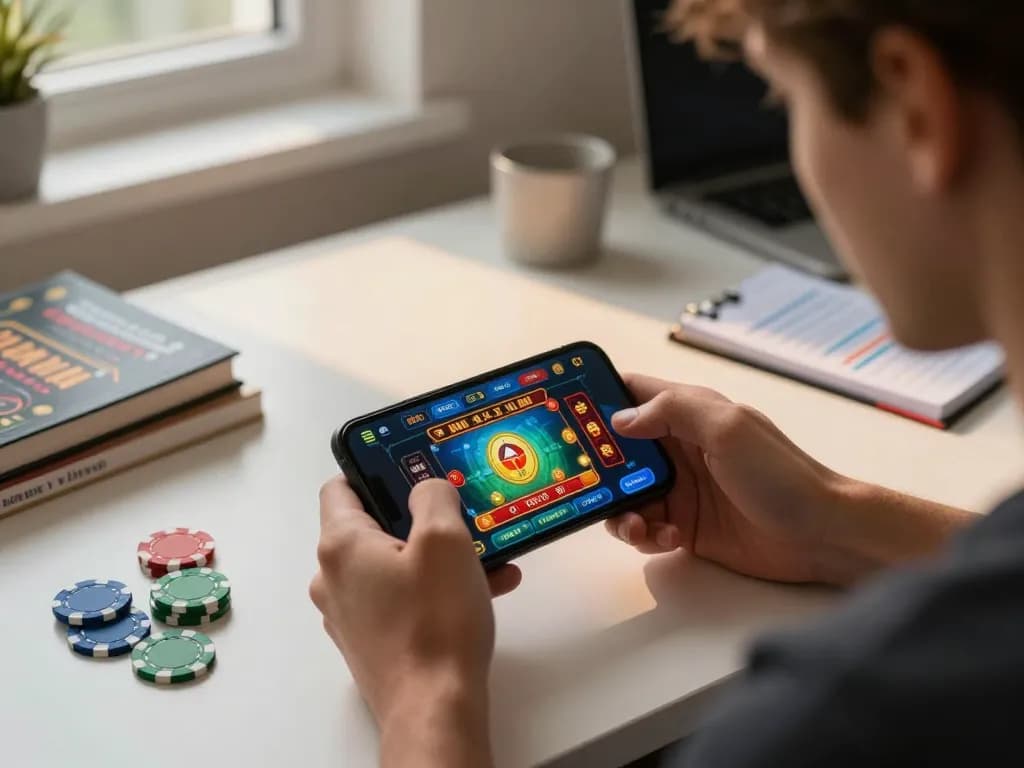 Engaged gamer using sunwinapk on smartphone while practicing responsible budgeting for online casino strategies