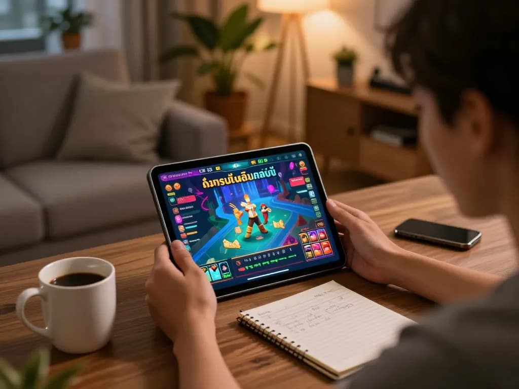Engaging in ทดลองเล่นสล็อต gameplay on a tablet in a cozy home setting