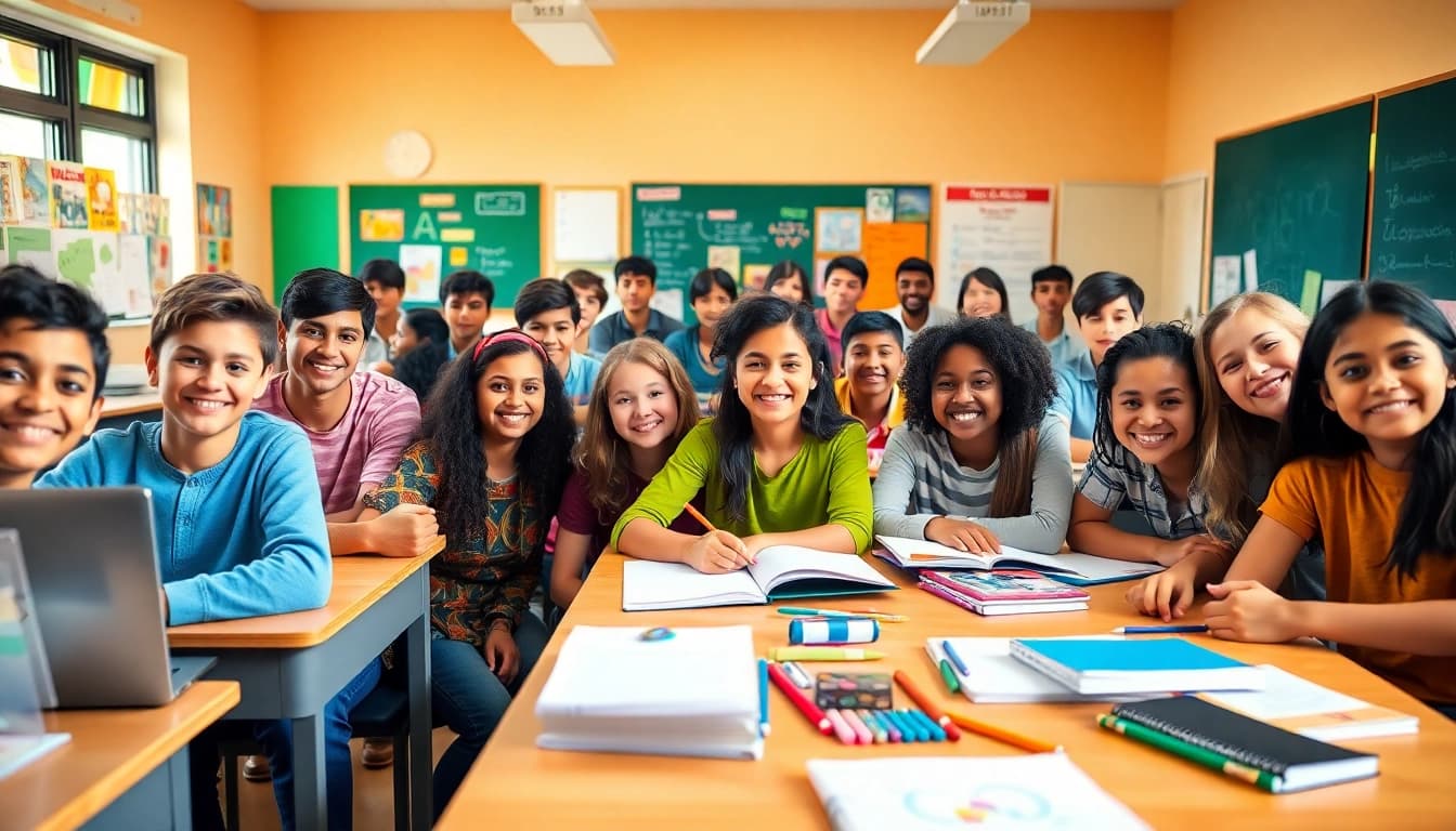 Students collaborating in a colorful classroom setting, focusing on Education activities.