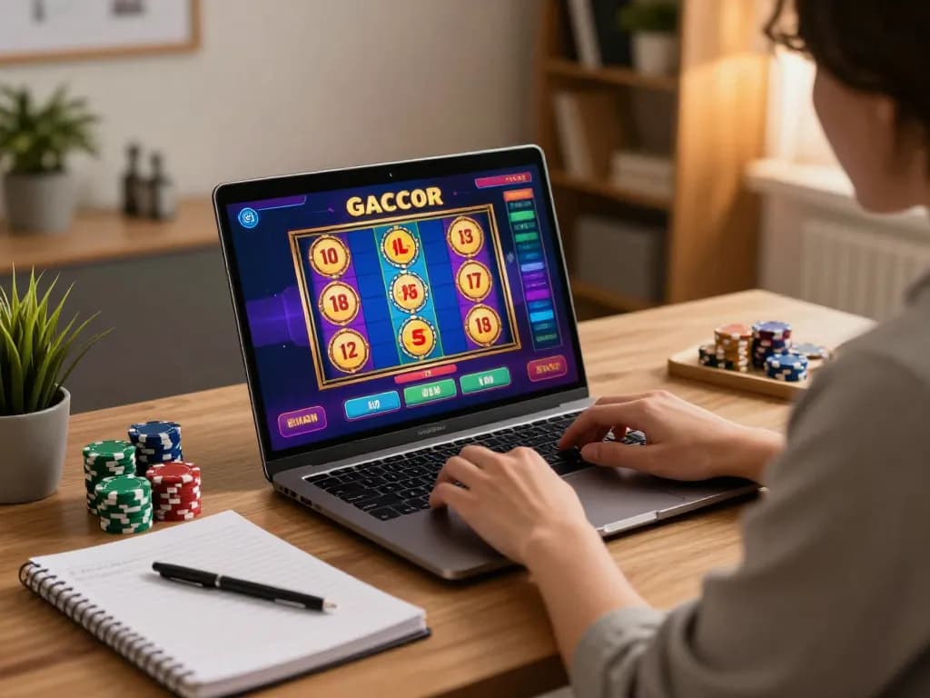 Player exploring slot gacor options on laptop while taking strategic notes, creating a winning atmosphere.
