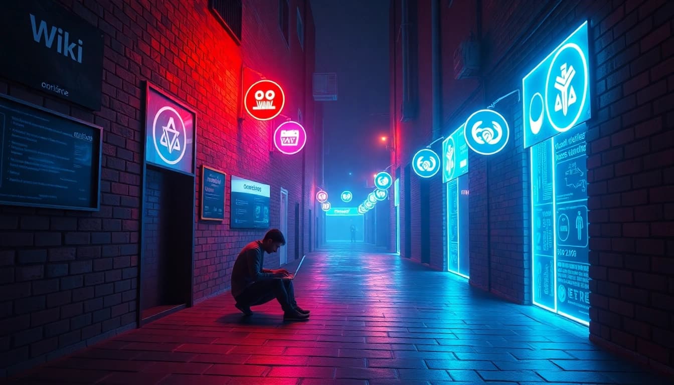 Explore the hidden wiki 2026 in a vibrant dark web scene with neon-lit .onion signs and a mysterious figure.