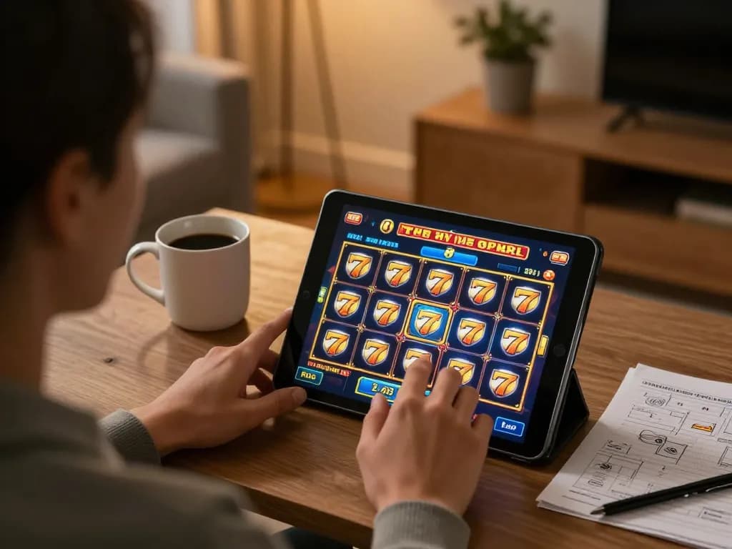 Playing slot 777 on a tablet in a cozy home environment with strategy notes visible