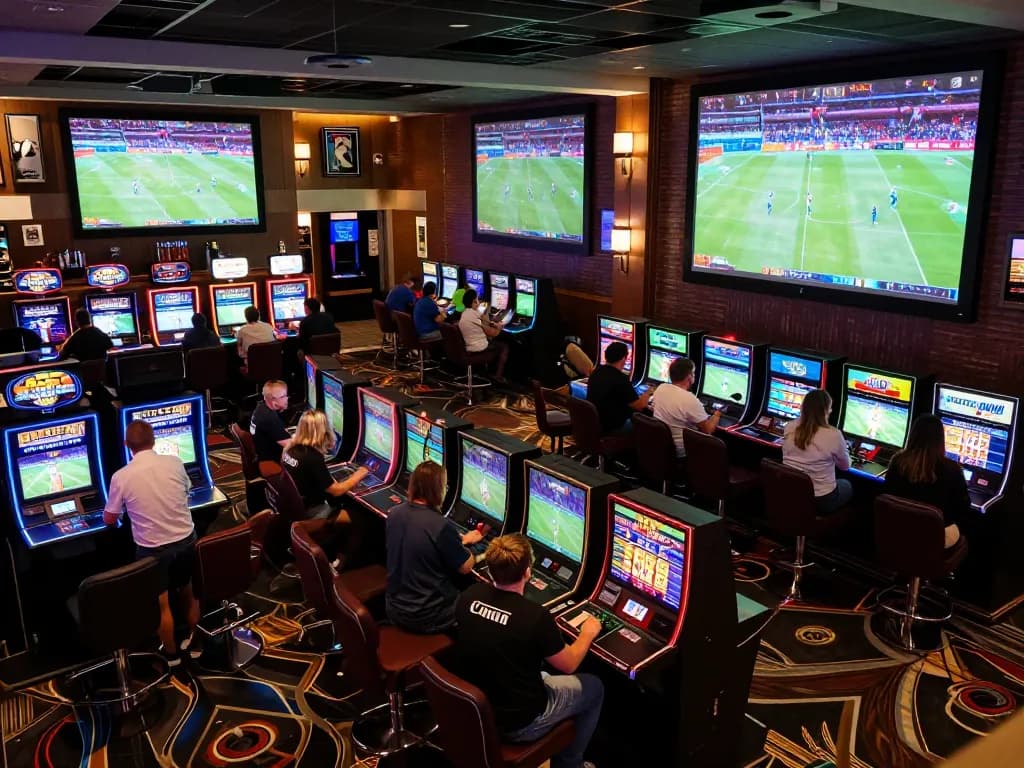 Engaging scene at siti scommesse stranieri sicuri, with patrons excitedly placing sports bets in a vibrant casino lounge.