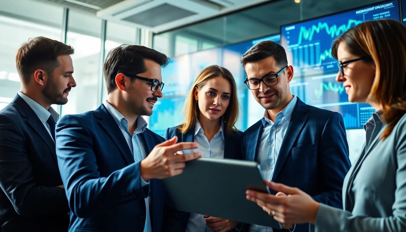 Enhance competitive intelligence for sales with a sales team collaborating and analyzing data in an office.