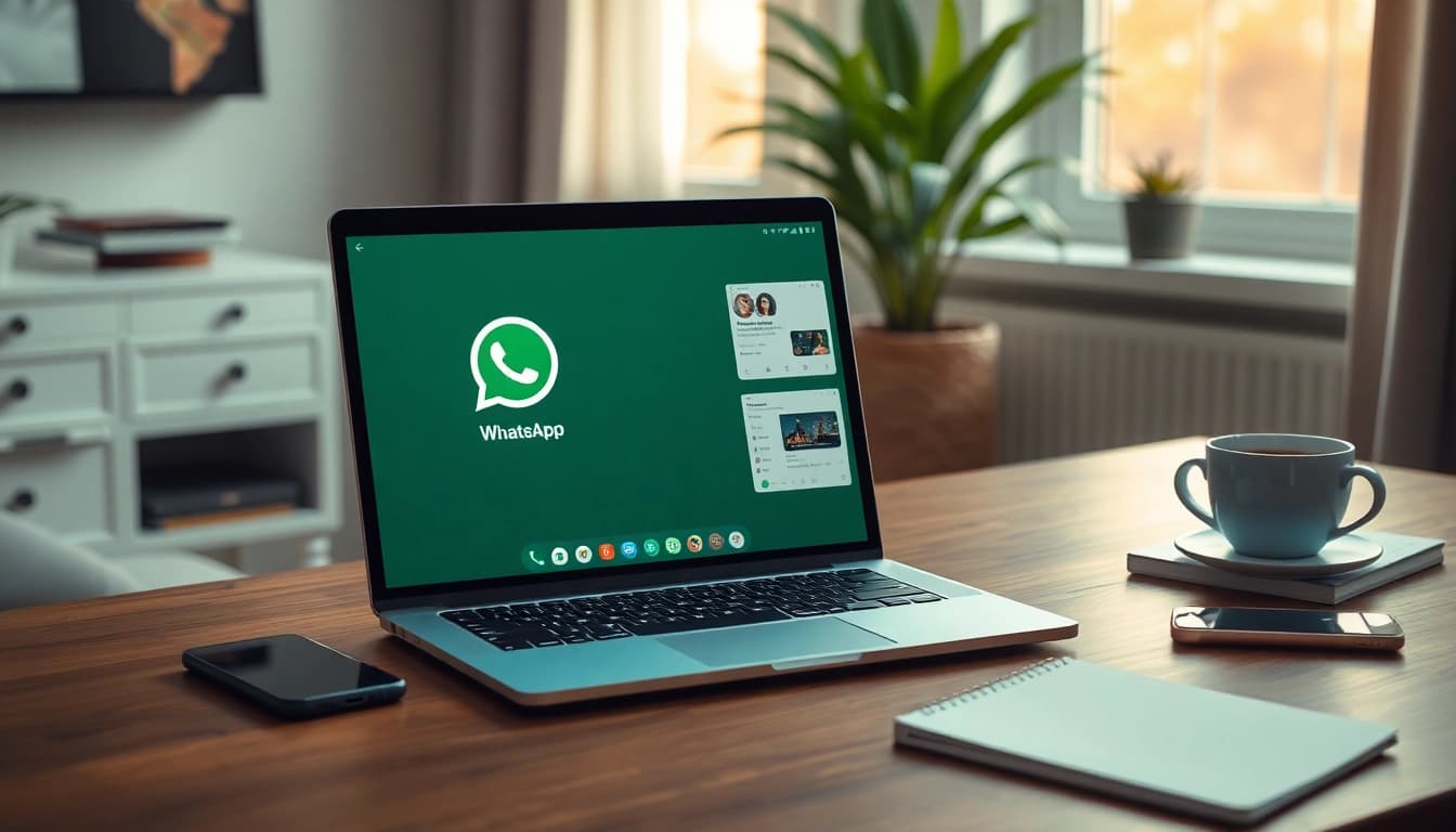 在舒适的家庭办公室环境中，现代笔记本电脑上显示的 WhatsApp网页版界面，象征轻松沟通。