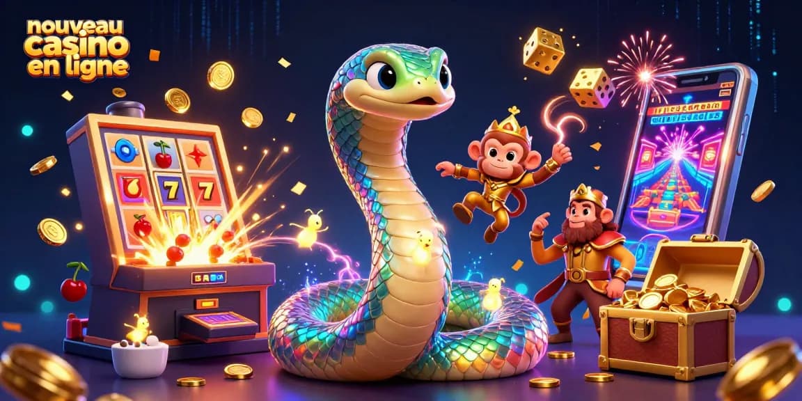 Vivez l'expérience du nouveau casino en ligne avec une illustration dynamique de jeux captivants et personnages colorés.