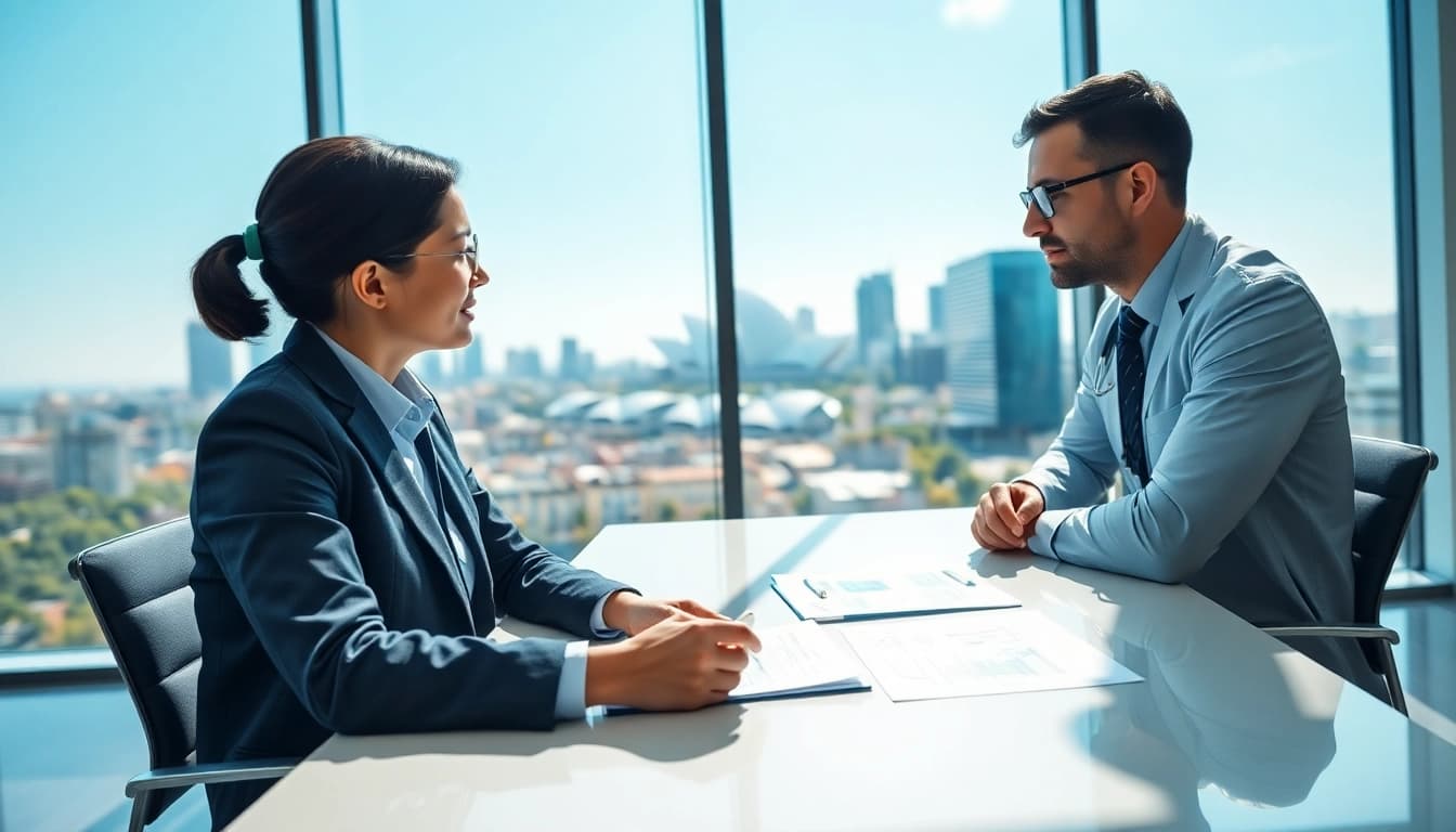 Engaging consultation on private executive health Sydney with a professional in a modern setting.