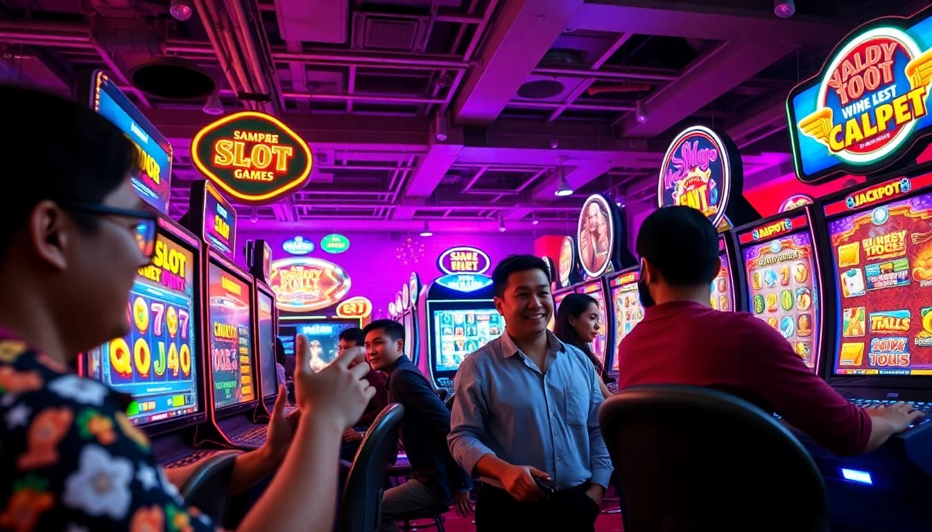 Thrilling online gaming scene at Situs kode4d with excited players engaging with colorful slot machines.