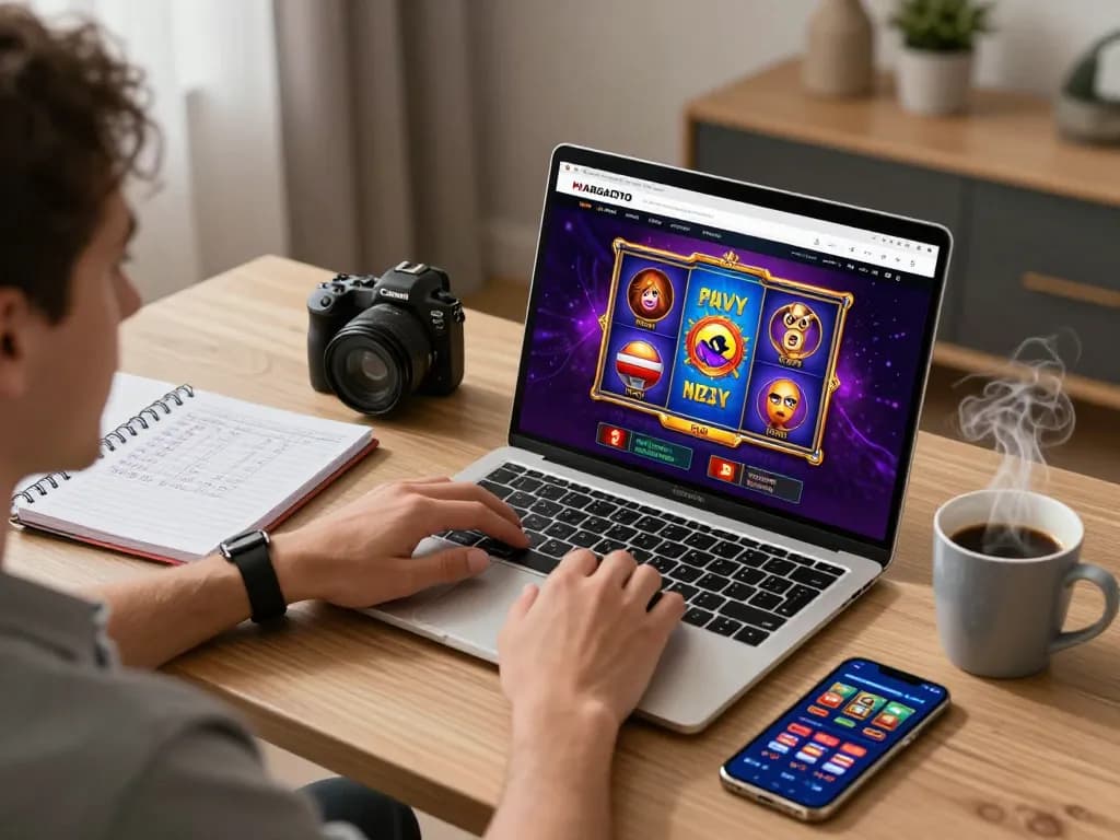 Player engaging in online gaming at HARGATOTO with a laptop and strategy notes for effective gambling.