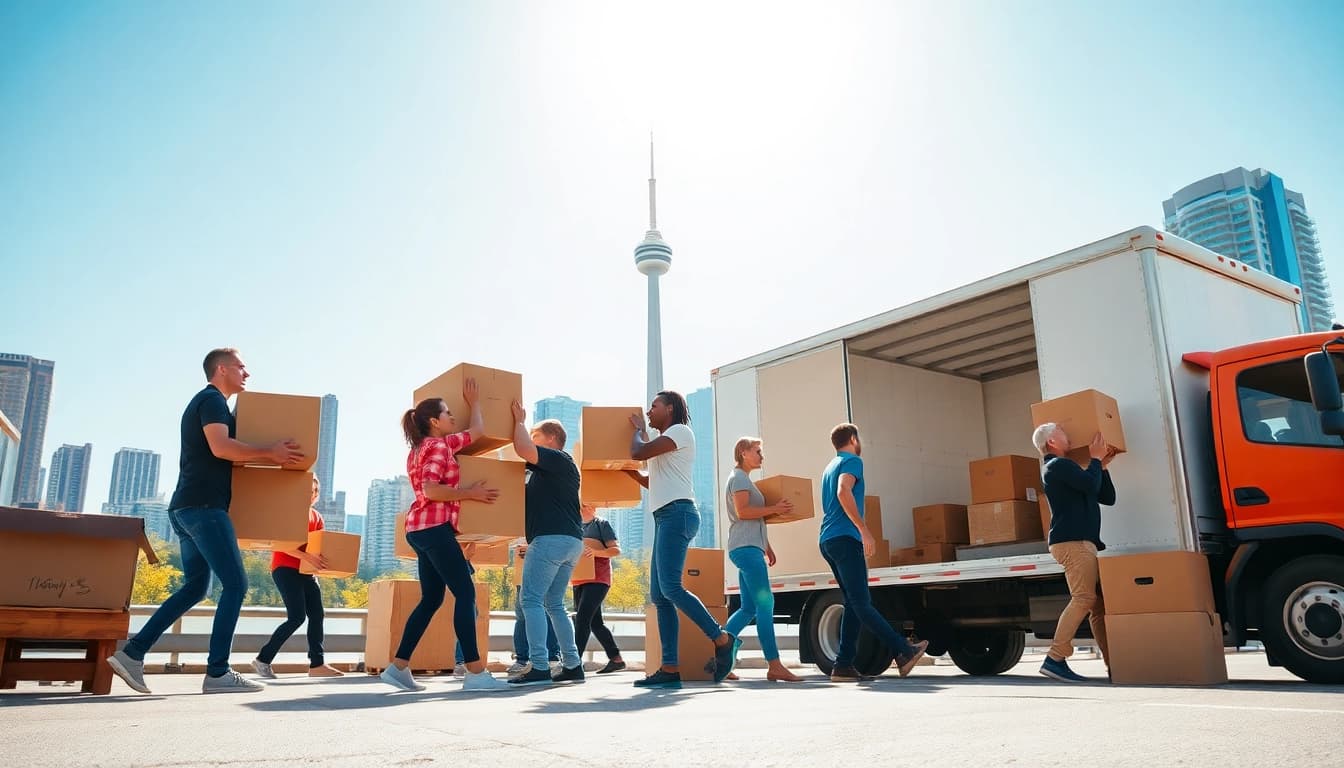 Efficient movers loading boxes as the best Toronto Movers in an energetic city setting.