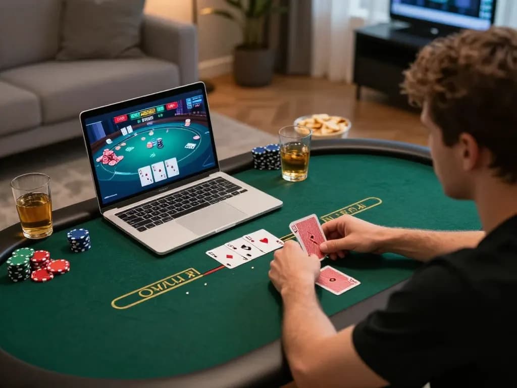 Poker online session with player focused on laptop, displaying strategic gameplay in a cozy environment.
