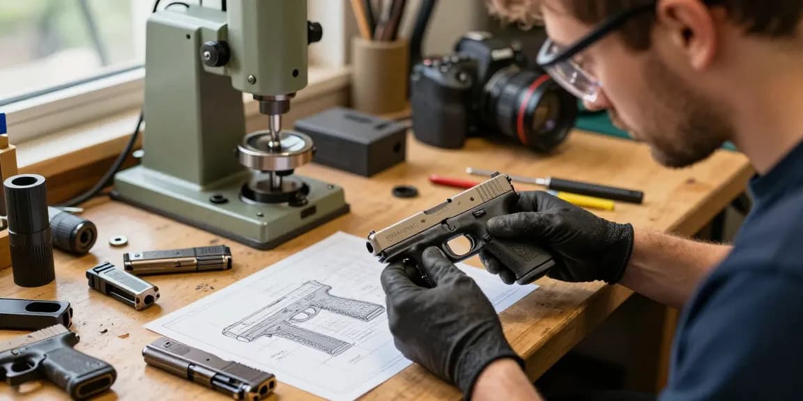 Precision Glock slides customization workshop at https://precisionglockslides.com with skilled gunsmith inspecting slide.