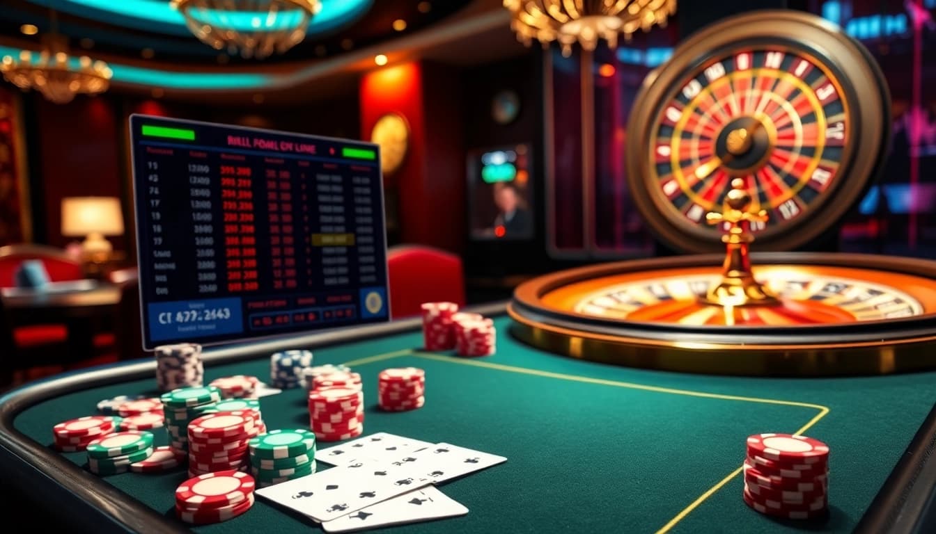 Jeu intense dans un casino en ligne argent réel France avec des jetons de poker vibrants et une roue de roulette.