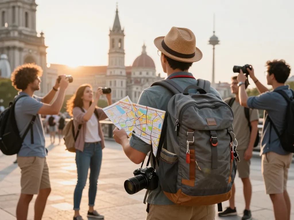 Excited traveler packing for a guided tour to visite site of iconic landmarks.
