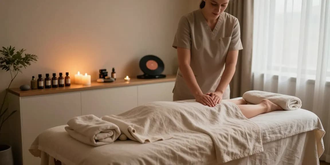 Swedish massage therapy room with calming ambiance, essential oils, and a therapist preparing for relaxation.