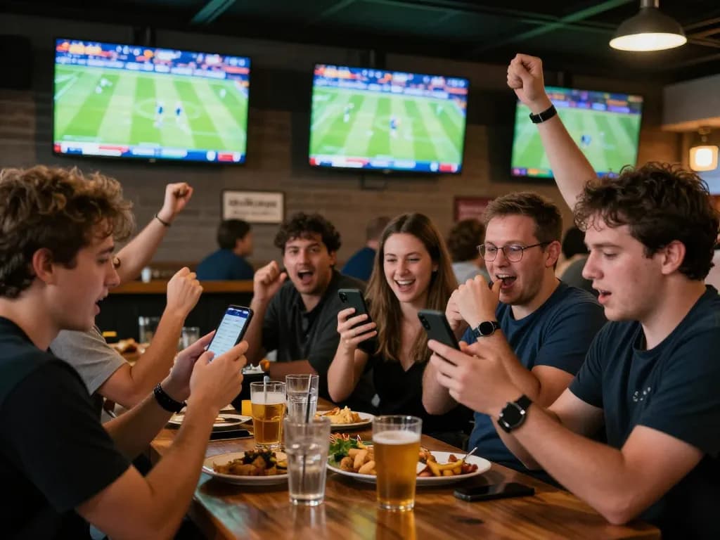 Exciting patrons at a sports bar placing bets on 58win during a live game