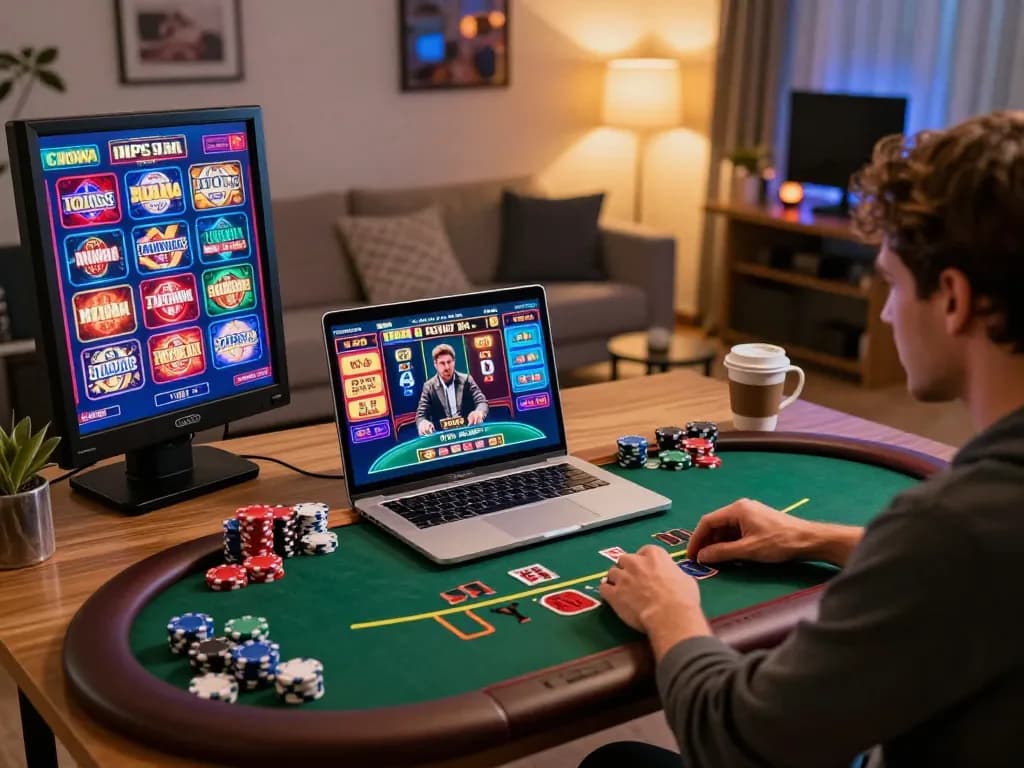 Playing blackjack at home with 888top's live dealer feature, showcasing immersive online gambling.